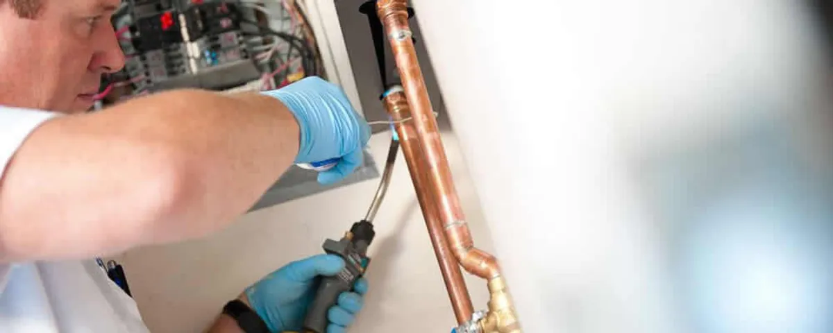 Water heater repair technician testing copper pipe connections and controls in Louisville, KY